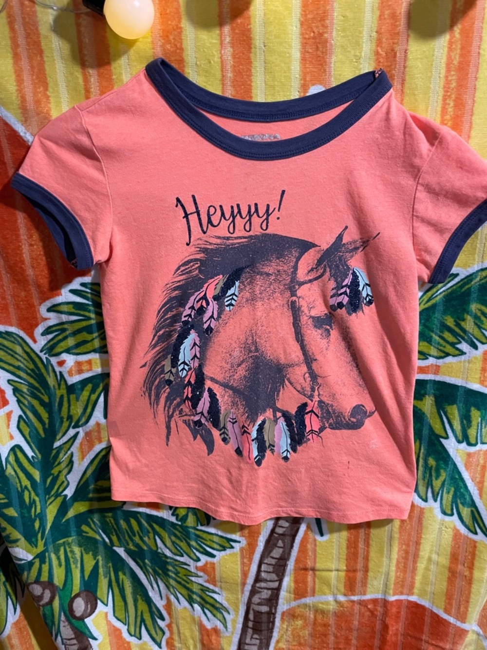Arizona Jean Company Coral Tee with Navy Trim and Unicorn Feathers
